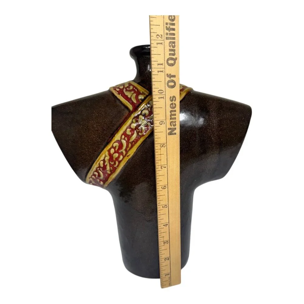 Vintage Kimono-Inspired Ceramic Abstract Vase W/ Ornate Red & Gold Detailing 12”